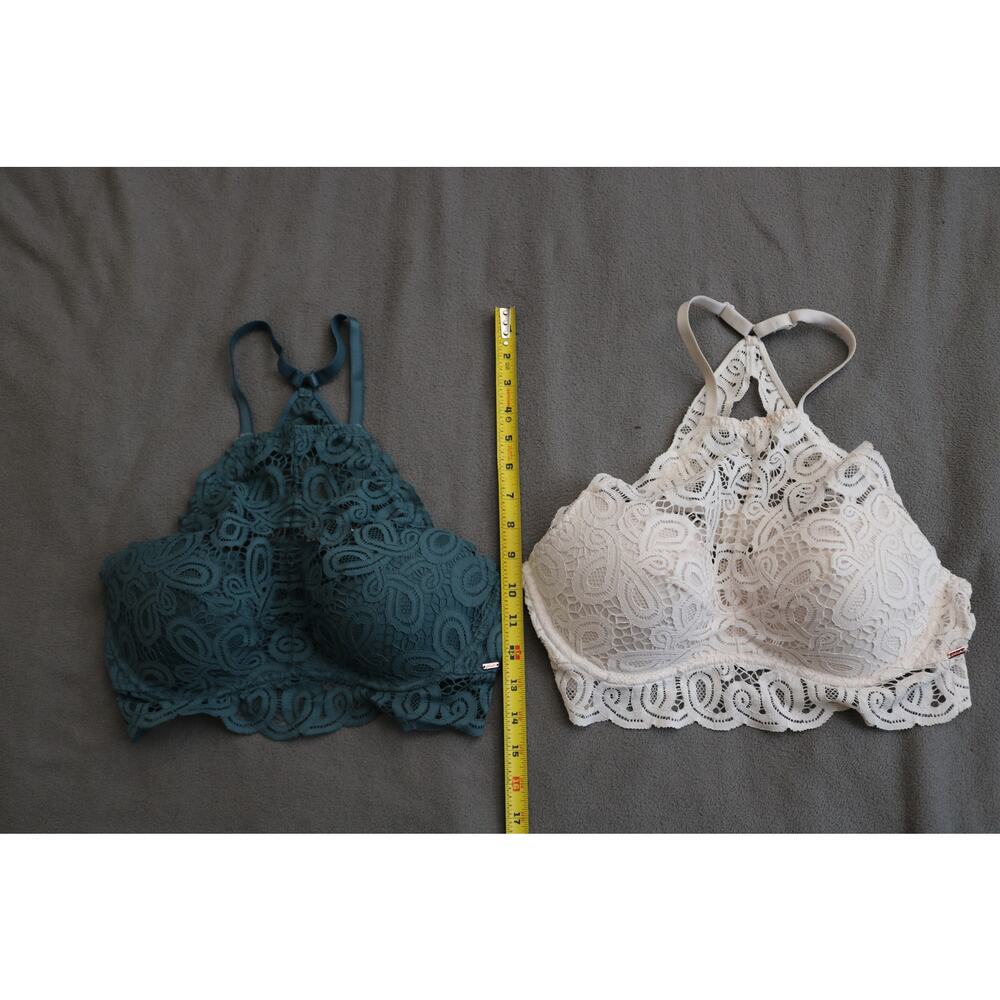 VICTORIAS SECRET PINK Halter Bra Lot Large Green White Lace High Neck Push Up - Picture 2 of 9